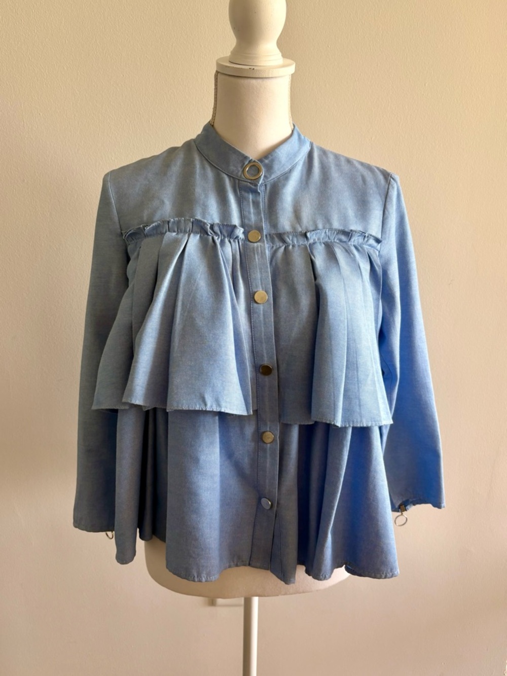 Zara Light Wash Ruffle-Detail Denim Jacket